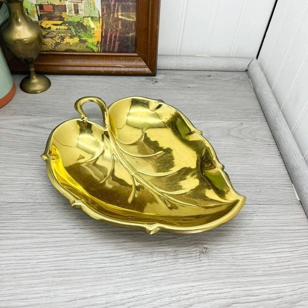 Vintage Gold Plated Brass Leaf Tray: Mid-Century‎ Trinket Dish